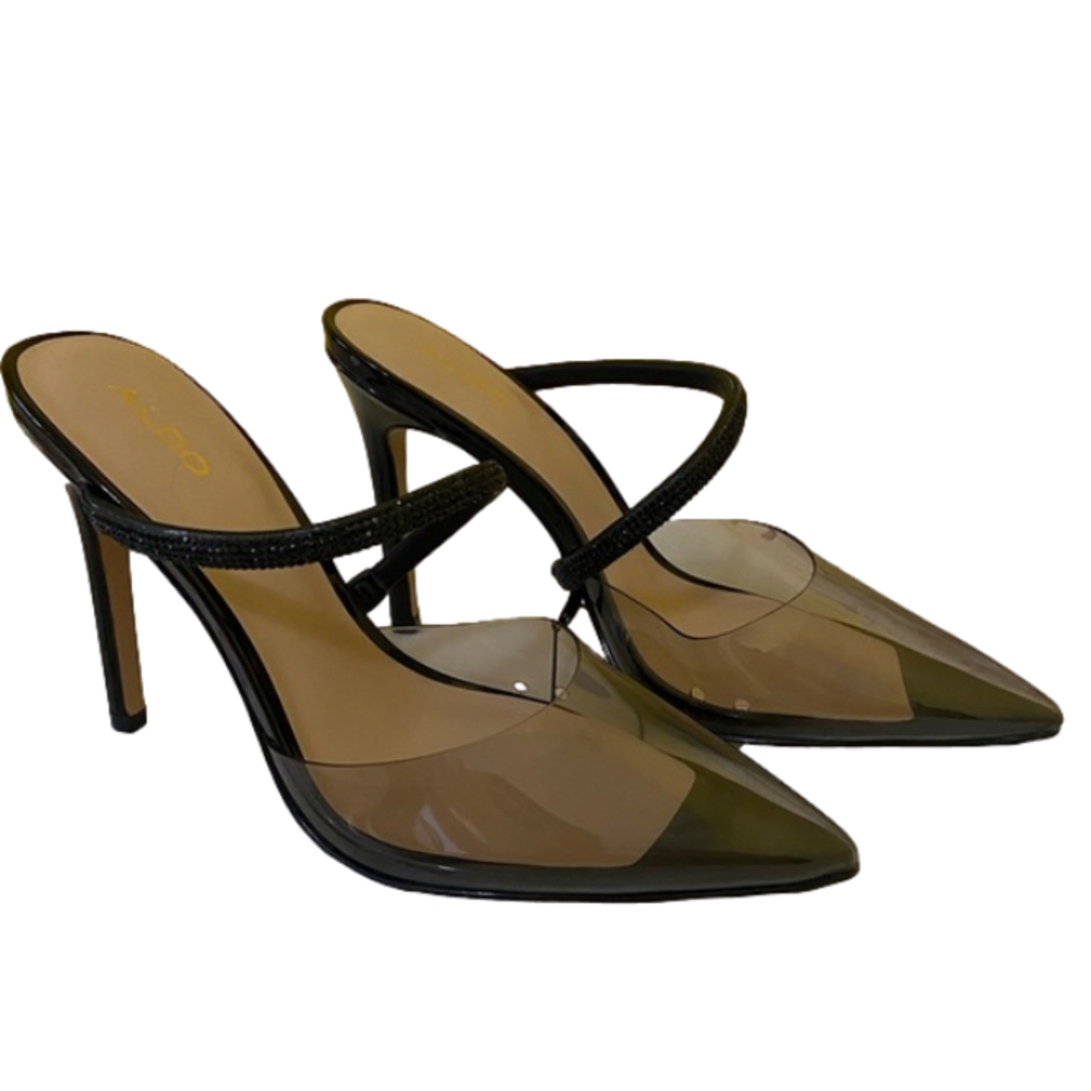 ALDO Size 7.5 Chantell Black Rhinestone Strap Translucent Stiletto Heels Slip On